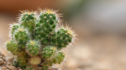 Close-up macro shot of a green cactus with sharp yellow and white spines against a blurred background