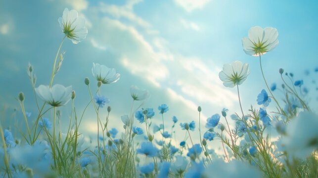 Dreamy cosmos field swaying under soft blue sky and whispy clouds