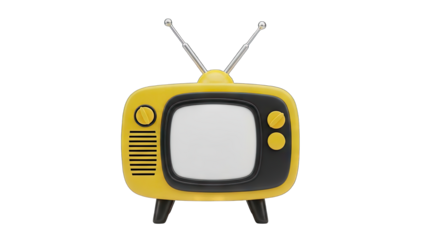 Retro Yellow Television Set with Black Trim and White Screen Featuring Two Antennas on Legs Against a Transparent Background Studio Quality Render