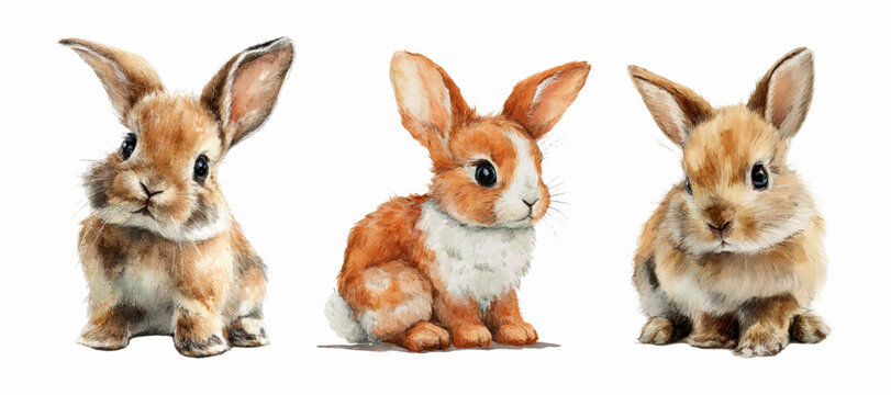 Cute bunny watercolor collection featuring Easter rabbits in cartoon style. Adorable baby animals, spring hares, and floral elements for kids' projects and seasonal decorations.