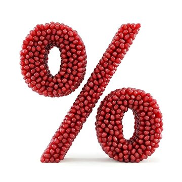 a red % discount percent sign made with pomegranate seeds sale for yalda night winter, isolated on white