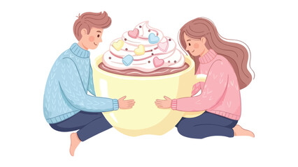 Sweet Embrace over Cocoa Delight: A couple shares an intimate moment, cradling a giant cocoa cup overflowing with whipped cream and sweet toppings, evoking warmth, comfort, and connection.