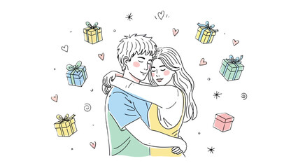 Embrace of Love and Gifts: Two people embrace, surrounded by gift boxes. A tender moment with presents. Capturing the spirit of gift giving and sharing love. 