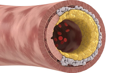 Cross-section of a diseased artery showing atherosclerosis and blood clot formation