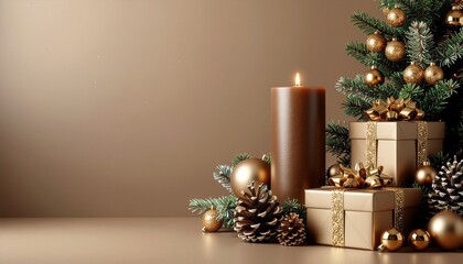Christmas brown background with gifts, baubles and a candle