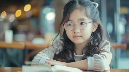 Video A young girl sits at a table wearing glasses, focusing on her work or studying