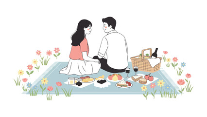 Romantic Picnic: A couple shares an intimate moment, enjoying a delightful picnic spread amidst a field of flowers and a picnic basket. A tranquil afternoon of connection and joy. 