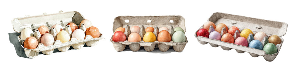 Spring holiday collection featuring decorated eggs in cardboard packaging, pastel cartoon design with floral ornaments, cheerful seasonal gift presentation