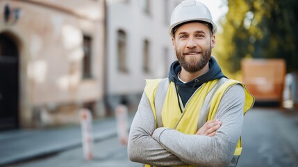 A confident construction worker stands proudly in a vibrant urban setting, wearing a hard hat and safety gear. His smile reflects the dedication and skill he brings to his work every day