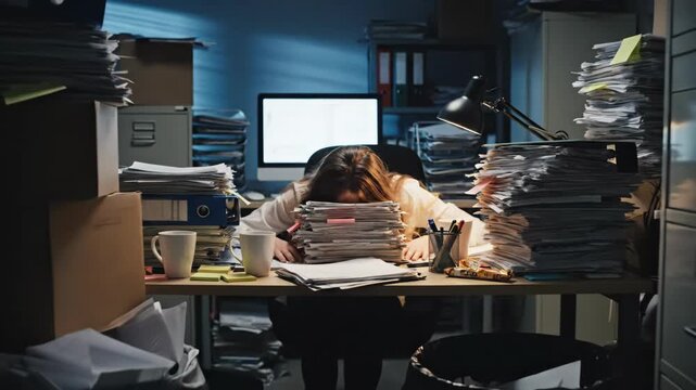 Overworked person slumped over a massive stack of papers at a desk