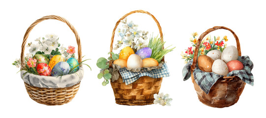 Watercolor Easter basket filled with decorated eggs and spring flowers. Cute cartoon set perfect for greeting cards, posters, and holiday designs with pastel colors.
