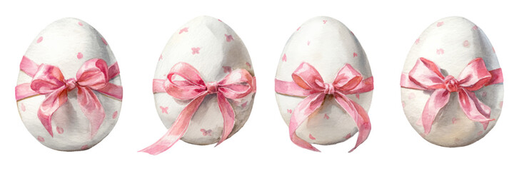 Easter watercolor illustration set. Pink decorated eggs with ribbon bows. Spring holiday greeting cards, posters, banners. Cute cartoon design elements isolated.