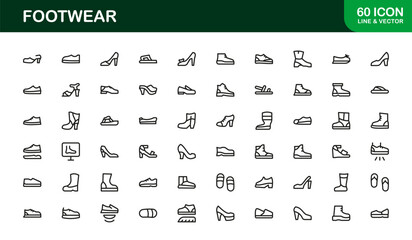 Footwear line icon set with modern details. Footwear Professional Line Icon Set – Modern, Minimal, and Stylish Outline Vector Icons Featuring Shoes, Sneakers, Heels, Boots, and More