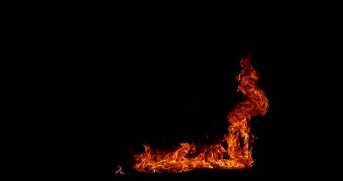 Realistic fire blast isolated on black background. Detailed fire textures ideal for VFX, compositing, overlays, motion graphics, and cinematic effects.