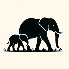 Obraz premium Elephants Silhouette: A charming silhouette of an adult elephant and its calf traversing a grassy expanse, symbolizing protection, nurturing, and family bonds.