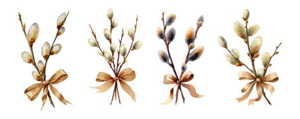 Watercolor set of willow bouquets with a bow. Spring willow branches with fluffy tips and decorated with a bow. Natural decor elements for spring and Easter designs. © Narin