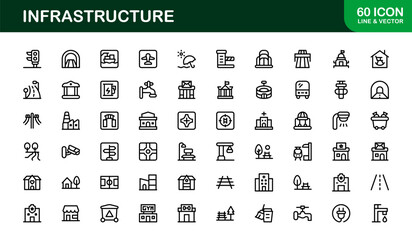 Modern Infrastructure Line Icon Set – Professional minimal vector symbols for urban planning, construction, and technology.