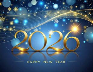 New Year banner with golden numbers 2026 and Happy New Year wishes on a blue background