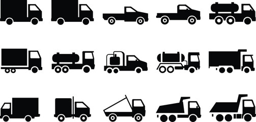 Large Black Silhouette Vector Icon Set of Various Trucks Including Box, Tanker, Pickup, Dump, and Tow Truck Isolated Transportation Symbols © MdHasan