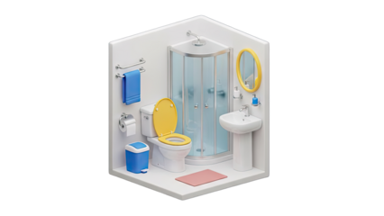 Isometric Bathroom Scene With Toilet Shower Sink And Towels Realistic 3D Render On Transparent Background
