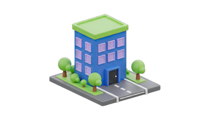 Isometric Blue Three Story Building With Green Roof and Light Green Trees Surrounded by Road and Sidewalk with Transparent Background