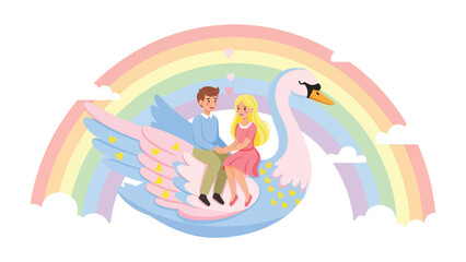 Love's Majestic Journey: A romantic couple embarks on a whimsical adventure, riding atop a grand swan, with a vibrant rainbow arching overhead, symbolizing dreams and the promise of a joyful future.