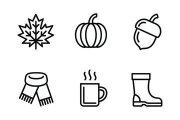Six autumn and fall season elements line icons set, including leaf, pumpkin, acorn, scarf, mug, and boot
