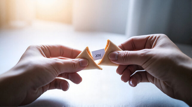 Hands opening fortune cookie with fortune paper inside  