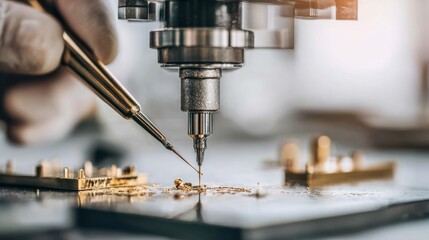 Closeup of a technician applying microplating to delicate precision instrument parts highlighting fine metal deposition and meticulous craftsmanship.