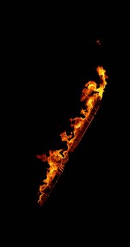 shot of a burning wooden beam isolated on a black background. Detailed fire textures ideal for VFX, compositing, overlays, motion graphics, and cinematic effects.