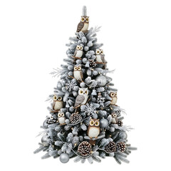 Christmas tree decorated with owls and ornaments in winter wonderland
