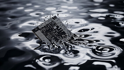 A dramatic shot of a microprocessor plunging into a dark liquid creating ripples and splashes