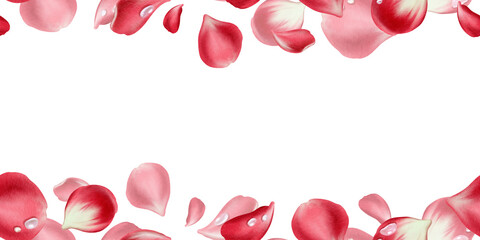 Floral seamless border of lush red rose petals adorned with glistening water droplets.Romantic watercolor design with soft textures for Valentine's Day branding,wedding stationery,invitation