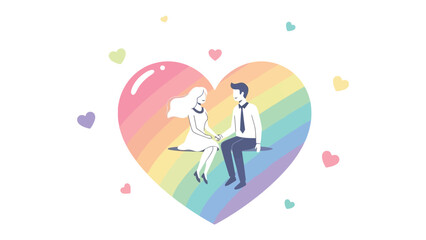 Love and Togetherness: A couple sits gracefully, hand in hand, inside a heart-shaped design, the rainbow colors representing unity and the warmth of a bond, surrounded by floating hearts.