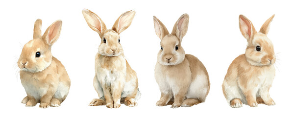 Watercolor rabbit set with cute bunny illustrations. Easter animals, baby hares, and spring characters. Perfect for nursery designs, greeting cards, and farmyard clipart collections. © Narin