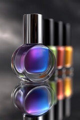 Colorful nail polish bottles lined up on a reflective surface
