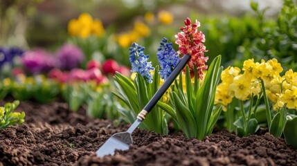 Vibrant garden scene featuring a gardening tool among colorful hyacinths and primroses