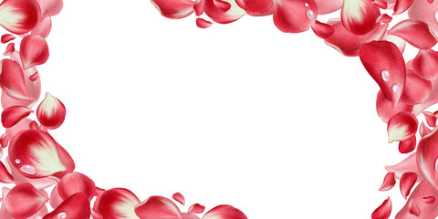 Diagonal floral pattern of red rose petals with fresh morning dew drops.Painted in soft watercolor with delicate textures,elegant design for romantic branding,wedding decor,luxury paper goods