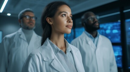 Focused individuals in white lab coats discuss innovative ideas at a medical conference