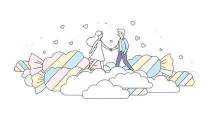 Sweetheart's Cloud Walk: In a dreamscape, a couple strolls hand-in-hand atop whimsical pastel clouds, surrounded by gentle hearts, evoking a feeling of pure romance and joy.
