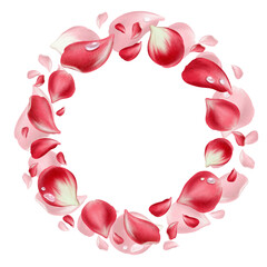 Circular wreath of red rose petals with delicate water droplets,symbolizing love and gratitude.Hand drawn watercolor illustration for Mothers Day cards,gift wrap,floral themed celebrations