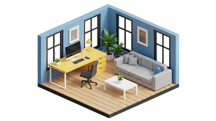 Isometric view of a cozy home office and living space with a desk sofa and plants against a clear transparent background for easy design integration