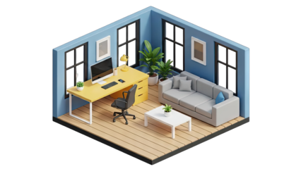 Isometric view of a cozy home office and living space with a desk sofa and plants against a clear transparent background for easy design integration