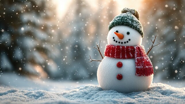 Snowman with red scarf and knitted hat for winter and christmas concept, snowy forest background