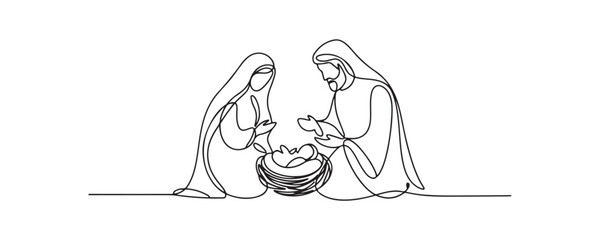 A continuous single line drawing shows Mary and Joseph adoring baby Jesus in a manger