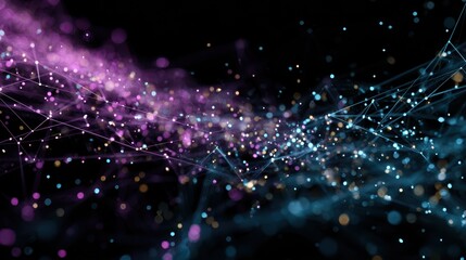 Abstract digital particles and network structure on a black background