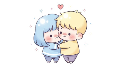Cartoon Love: A sweet couple cuddles together expressing their affection with a floating heart. Capturing the sweetness of the couple's relationship and the emotions of love and tenderness