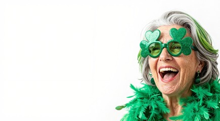 Elderly caucasian female celebrating st. patrick's day with shamrock glasses and green accessories