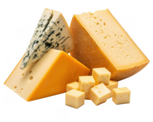 Assortment of cheese types isolated on a transparent background blue cubes