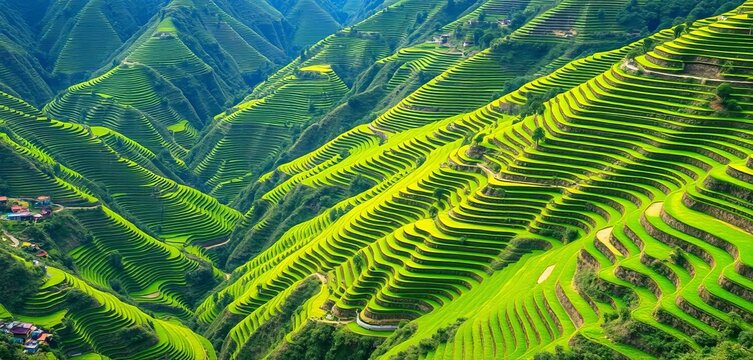 Vast, emerald rice terraces cascading down mountainsides, Yunnan, China, Yuanyang,  farming